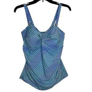 Collection by Catalina Blue Green Striped Twist Front Tankini Swim Top 1X 16W